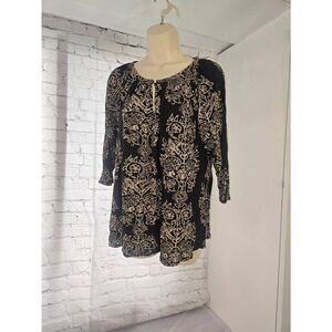 Lucky Brand Womens Size 1X Black/Brown Floral Printed Keyhole Blouse